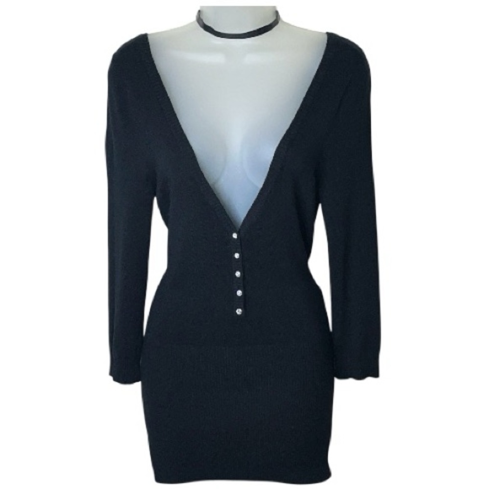 Y2K Guess Diamond Button Up Deep V Neck Plunge Tunic Long Cardigan Jacket Black
